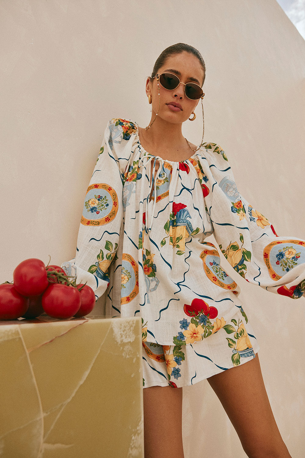 White Trattoria Print Drawstring Long Sleeve Amorina Top