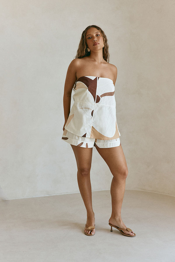 Brown Sable Floral Print Strapless Ria Playsuit