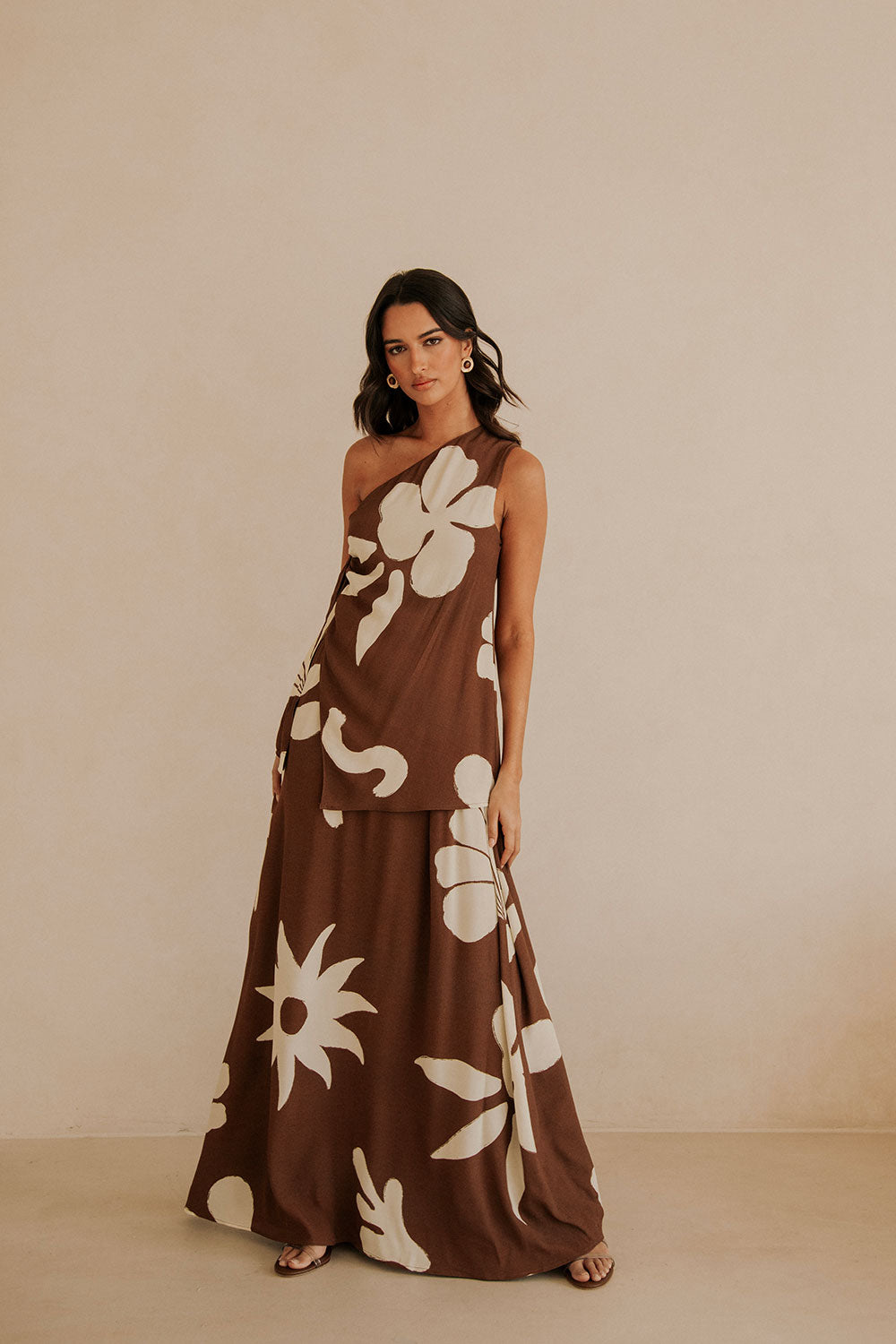 Lessi One Shoulder Tie Maxi Dress - Galene Brown Print