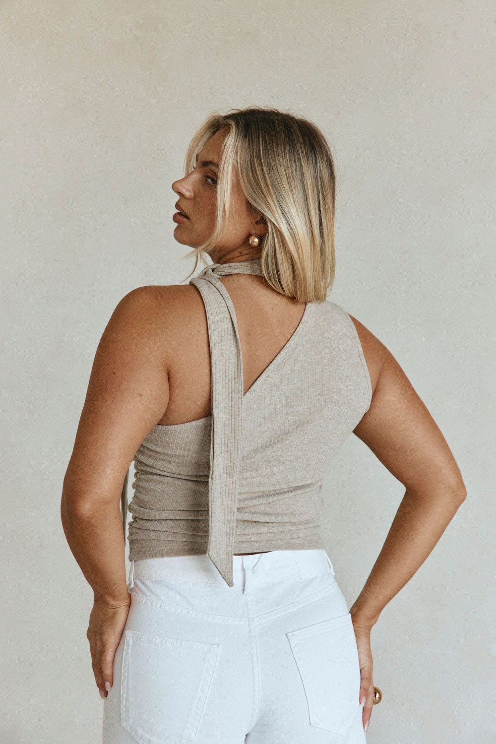 Beige Ribbed Asymmetric Neck Tie Mourno Top