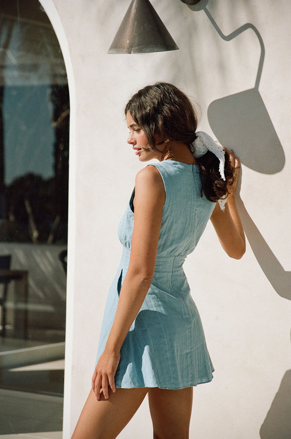 Blue V Neck Button Up Mini Shaelagh Dress