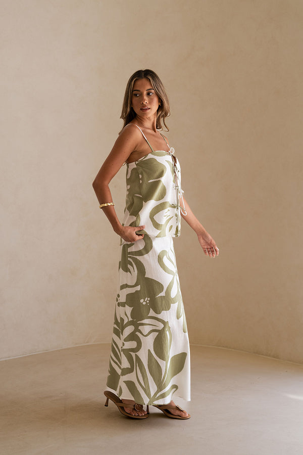 Green Paradisus Floral Print Bow Maxi Midori Dress