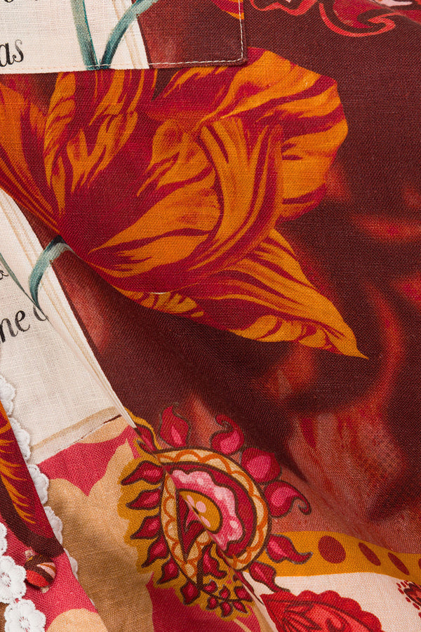 Red Floral Barocca Print Button Up Bia Shirt