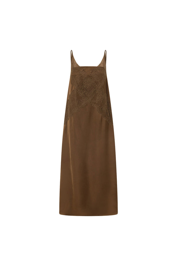 Brown Silky Lace Thin Strap Maxi Aelin Dress