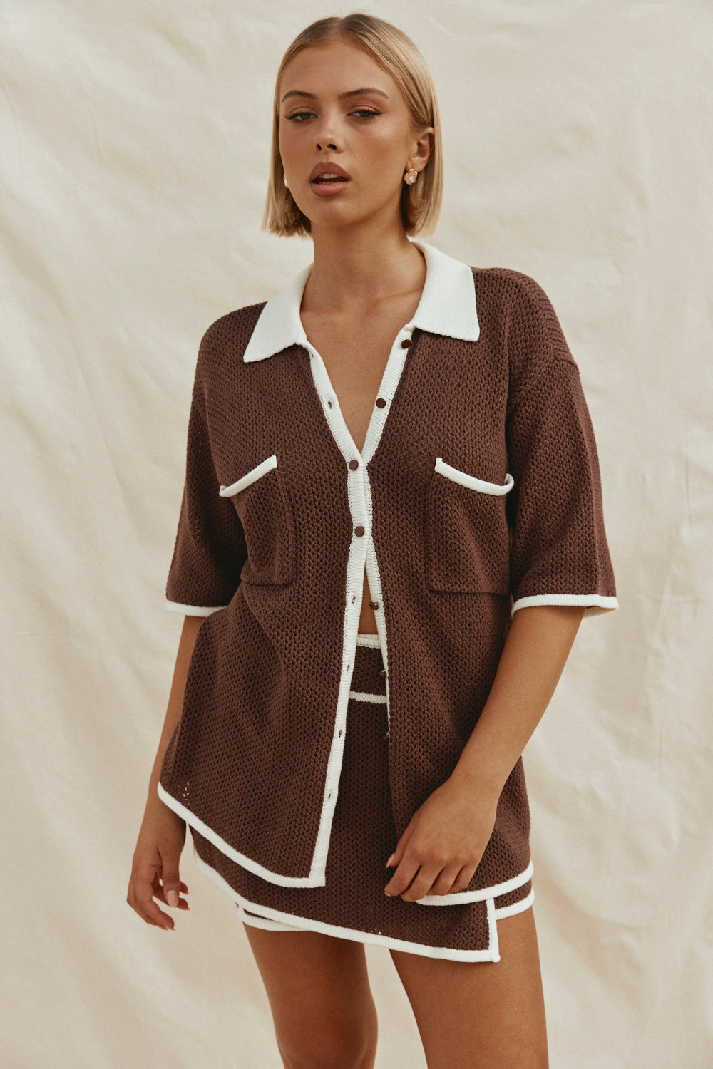 Brown Crochet Knit Button Up Short Sleeve Shiloh Top