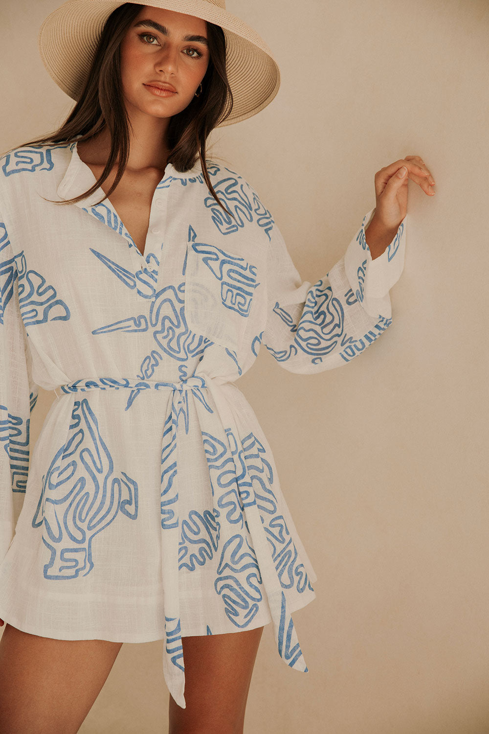 Ali Long Sleeve Tropical Mini Dress - White, Blue Evoke Print