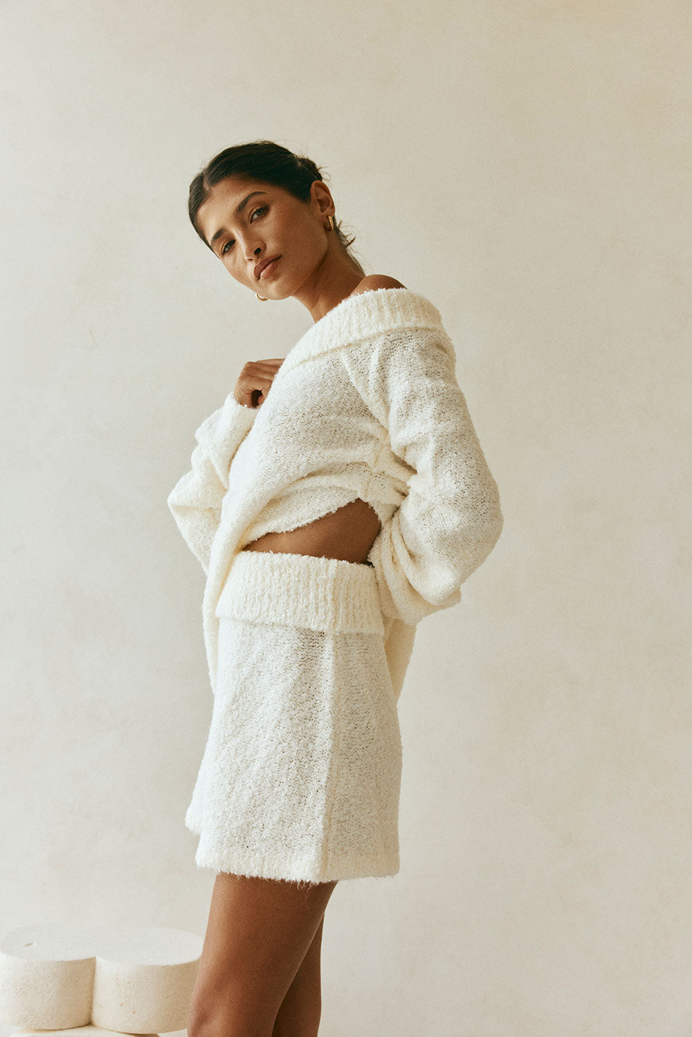 Cream Knit High Waist Folded Mini Alena Skirt