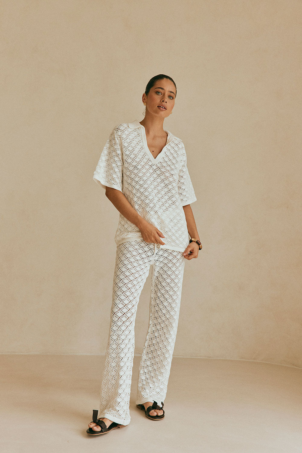 White Knit High Waist Drawstring Aya Pants