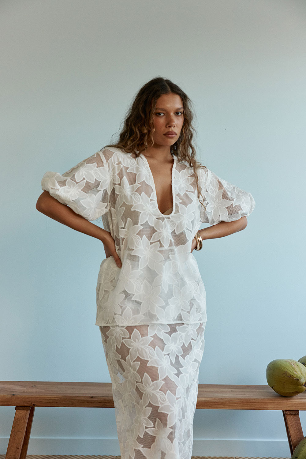 White Floral Appliqué Plunge Puff Sleeve Topaz Top – SABO