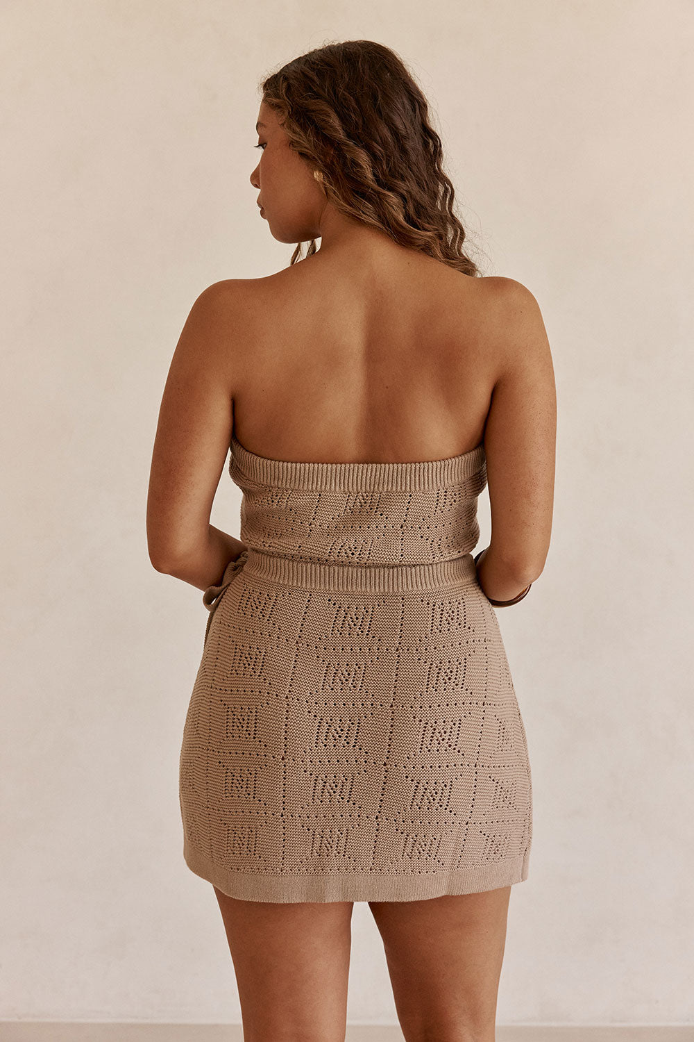 Brown Knit Strapless Mini Beret Dress
