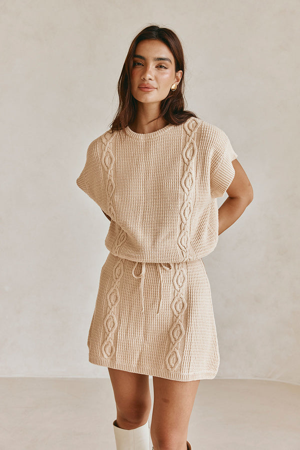 Tan Knit Short Sleeve Mini Saphira Dress