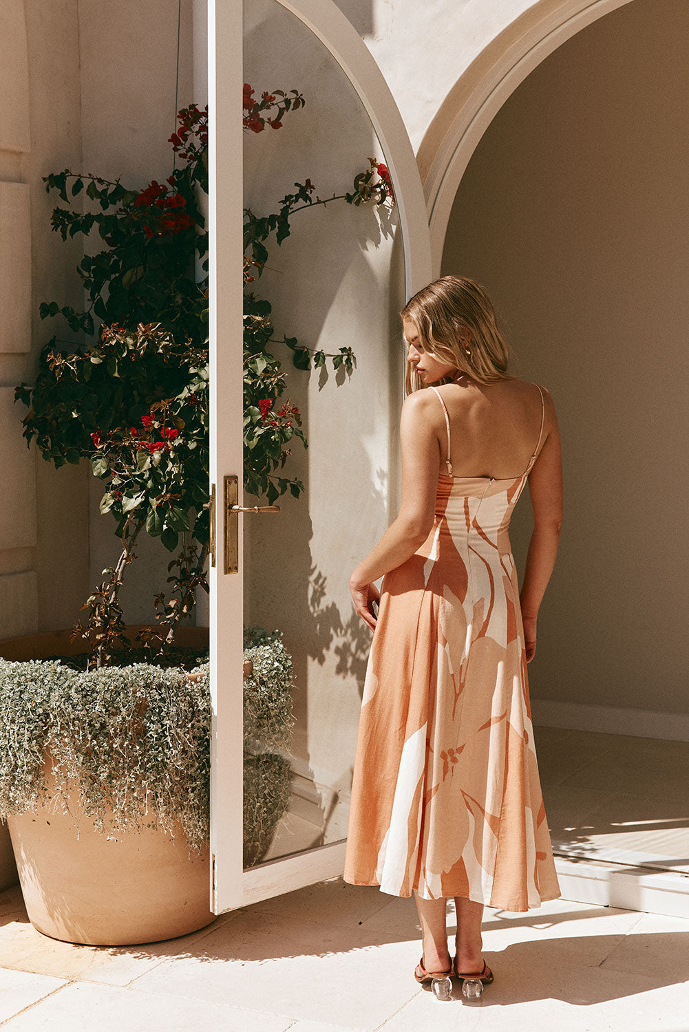 Peach Solanto Print Strappy Maxi Seme Dress