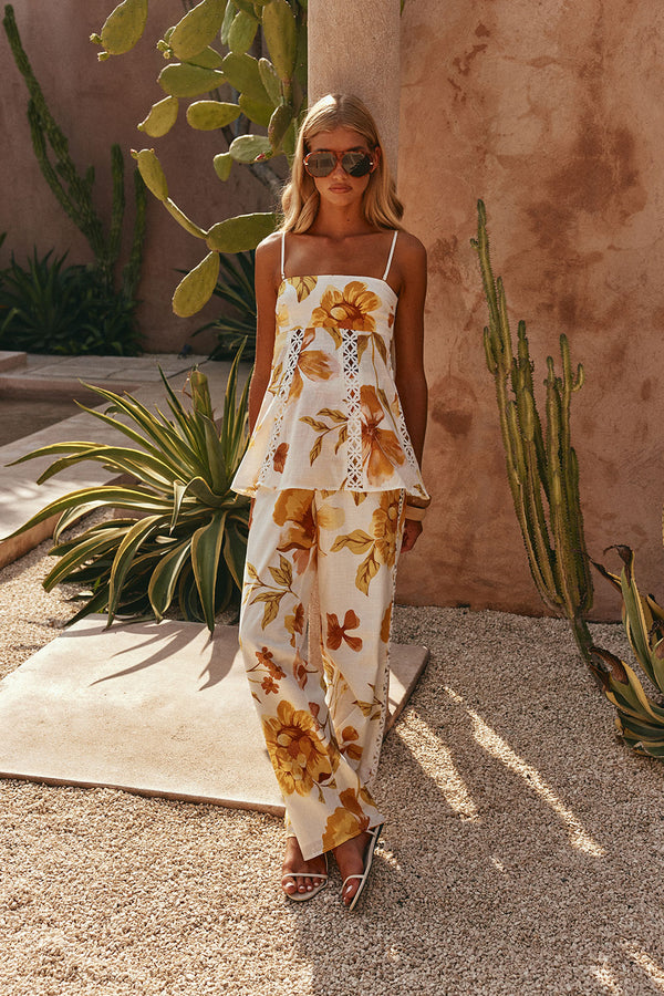 White Agalia Floral Print Wide Leg Lorde Trouser Pants