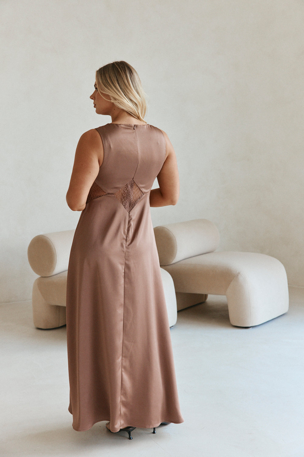 Brown  V Neck Cut Out Lace Maxi Dynasty Dress