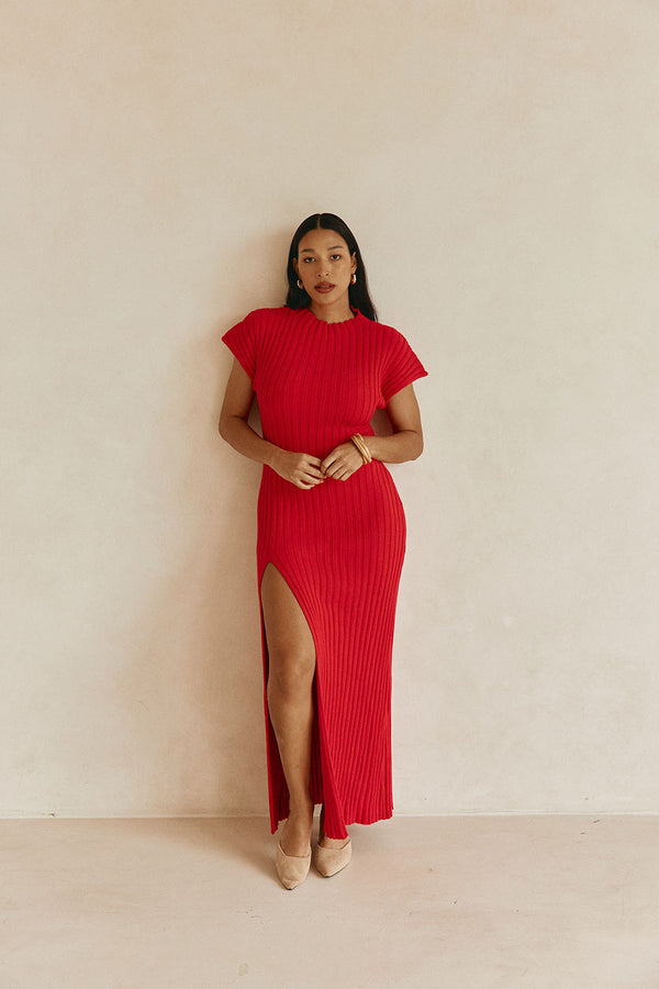 Red Rib Split Maxi Gemini Dress