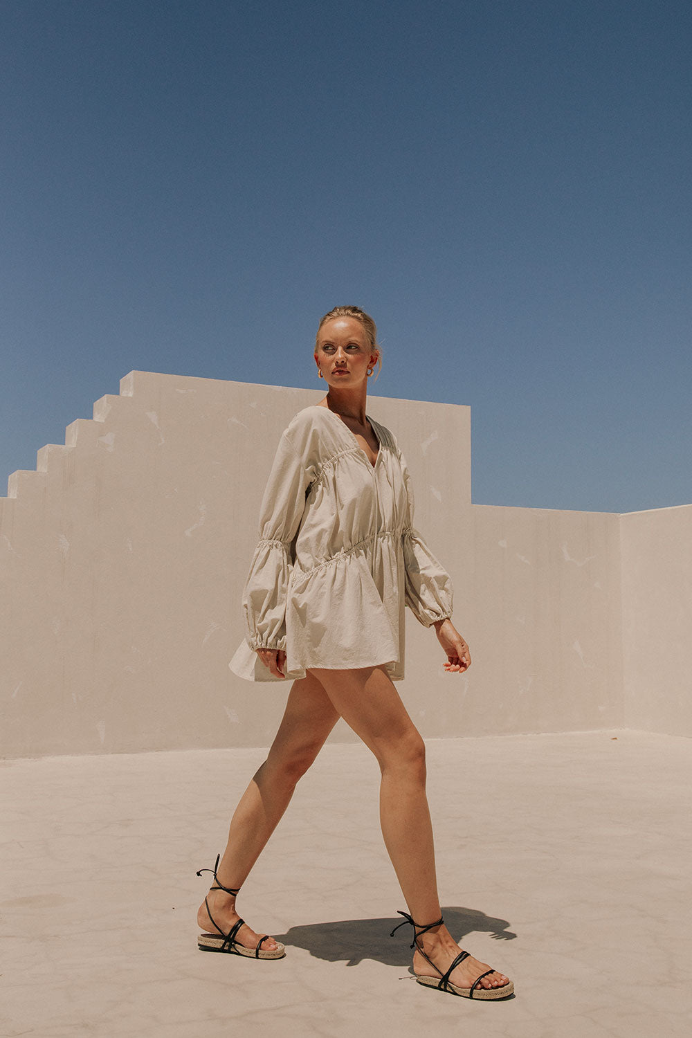 Ava Flounce Long Sleeve Mini Tie Dress - Beige