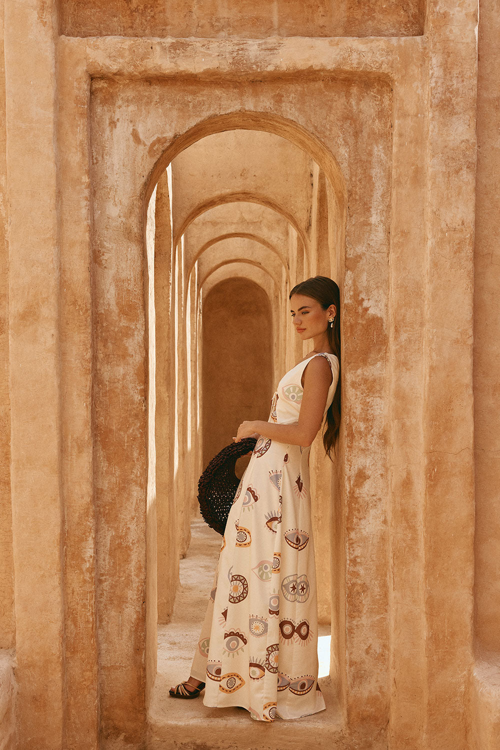 Cream Matia Print V Neck Maxi Serene Dress