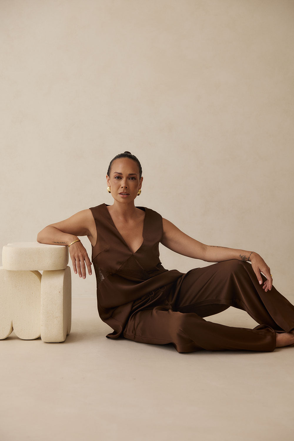 Brown Silky High Waist Drawstring Zuri Pants