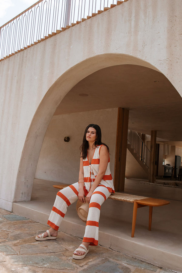 Nantes Elasticated Stripe Pants - Cream, Orange 