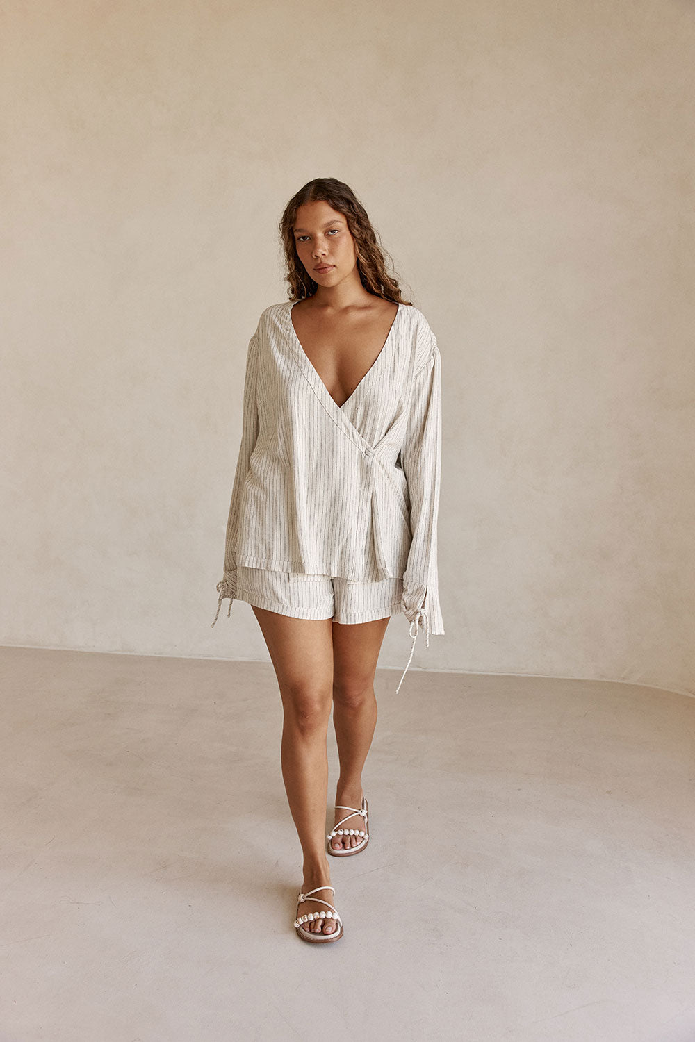 Beige and Black Pinstripe Lyla Wrap Top