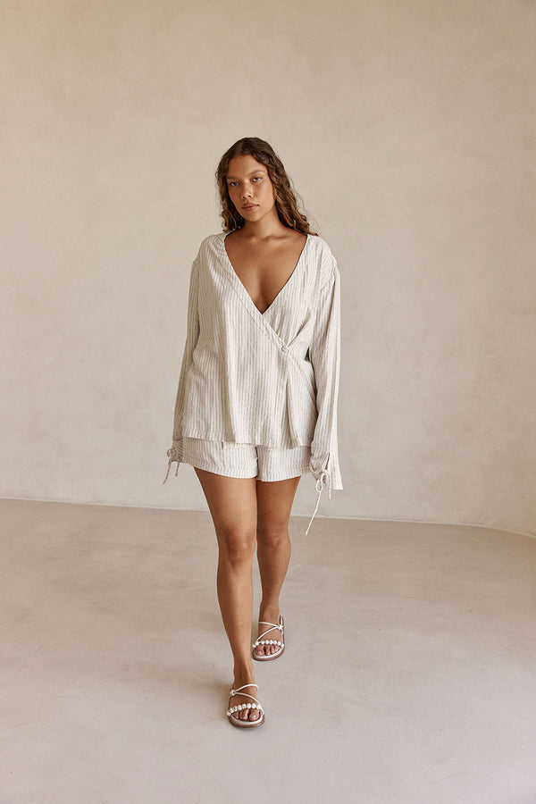 Beige and Black Pinstripe Lyla Wrap Top