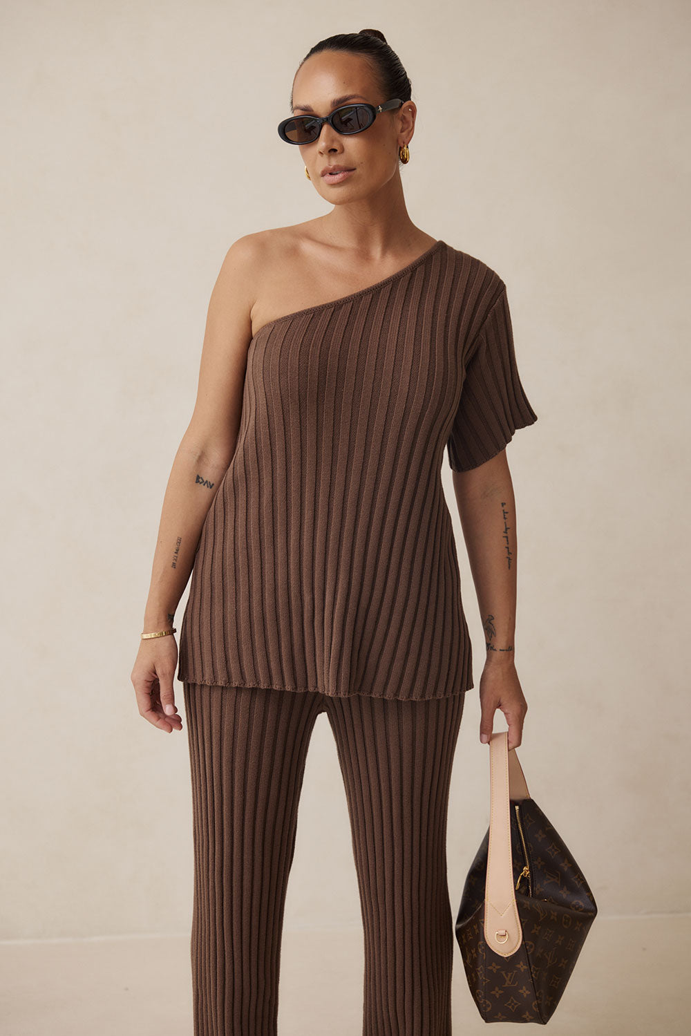 Brown Knit One Shoulder Short Sleeve Neena Top