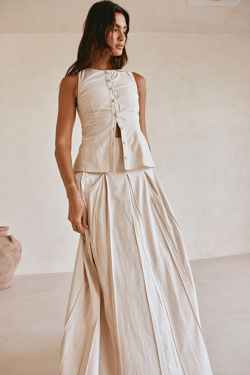 Beige Cotton Round Neck Button Up Panel Adri Top