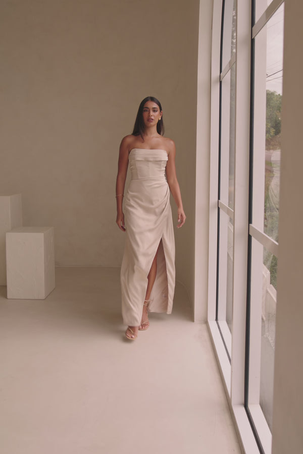 Champagne Strapless Ruched Midi Pela Midi Dress