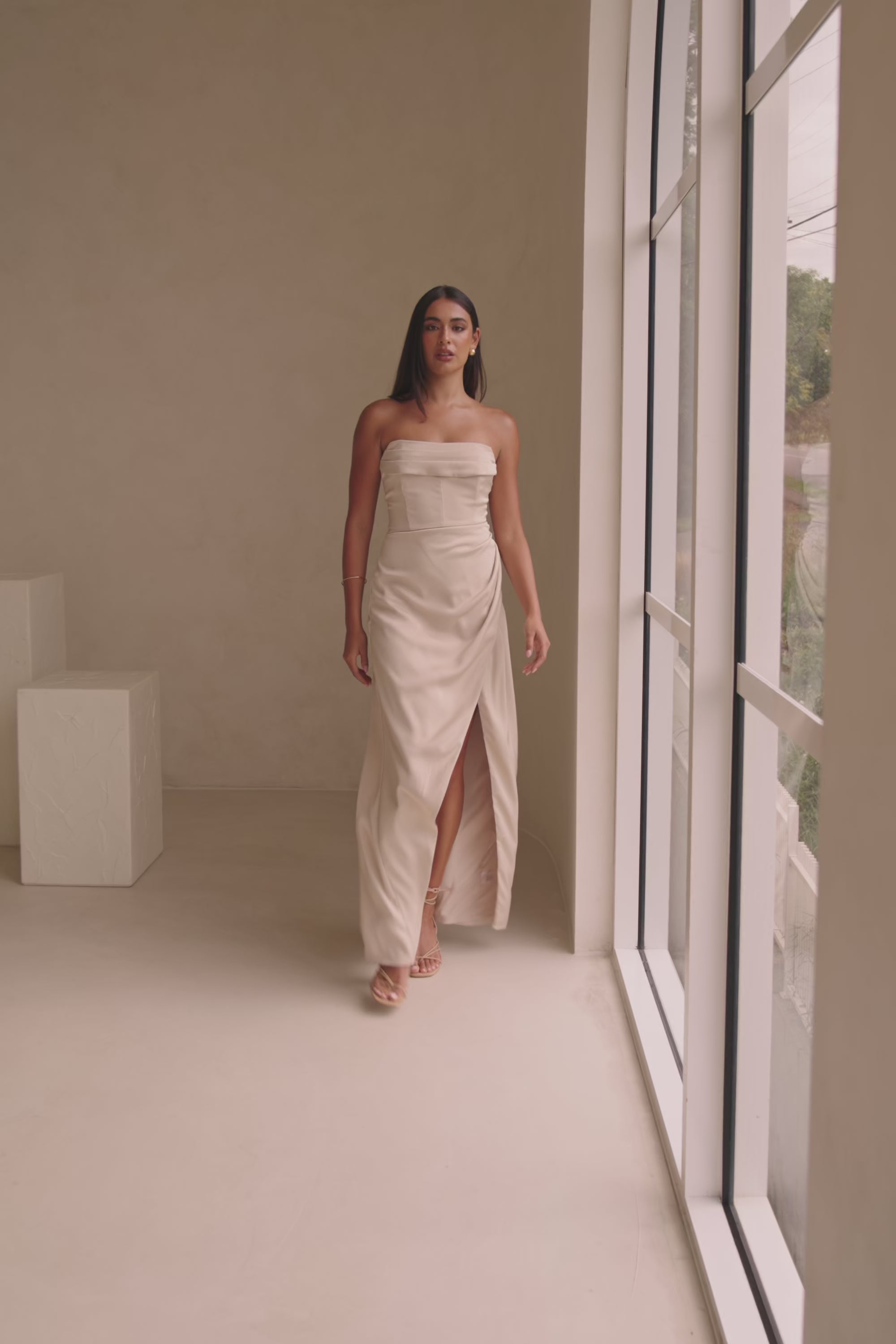 Champagne Strapless Ruched Midi Pela Midi Dress