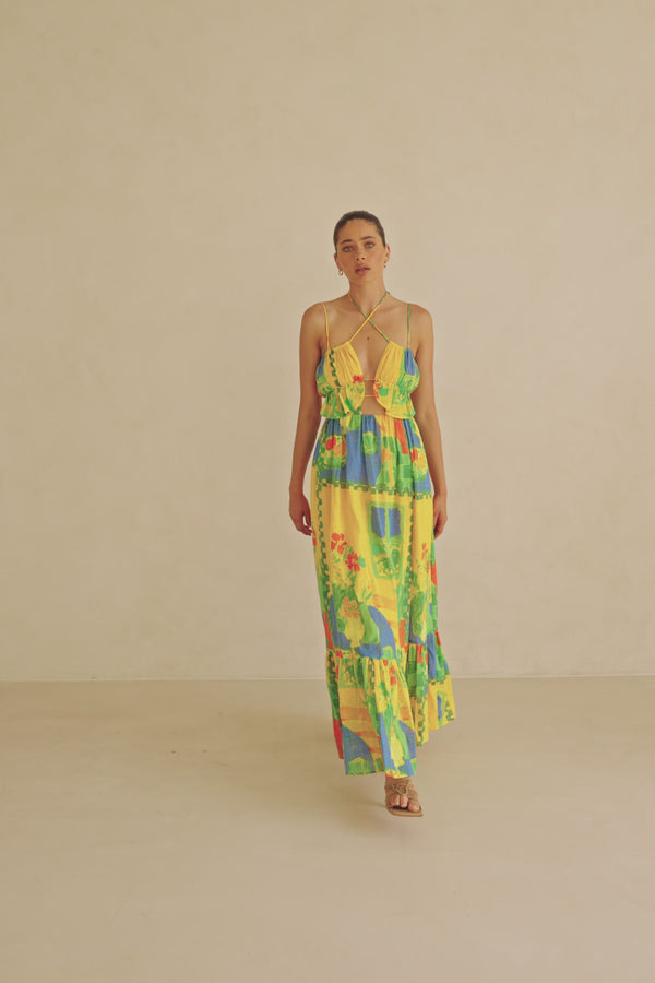 Leigh Cutout Maxi Dress - Green, Blue & Orange Morning Yellow Print