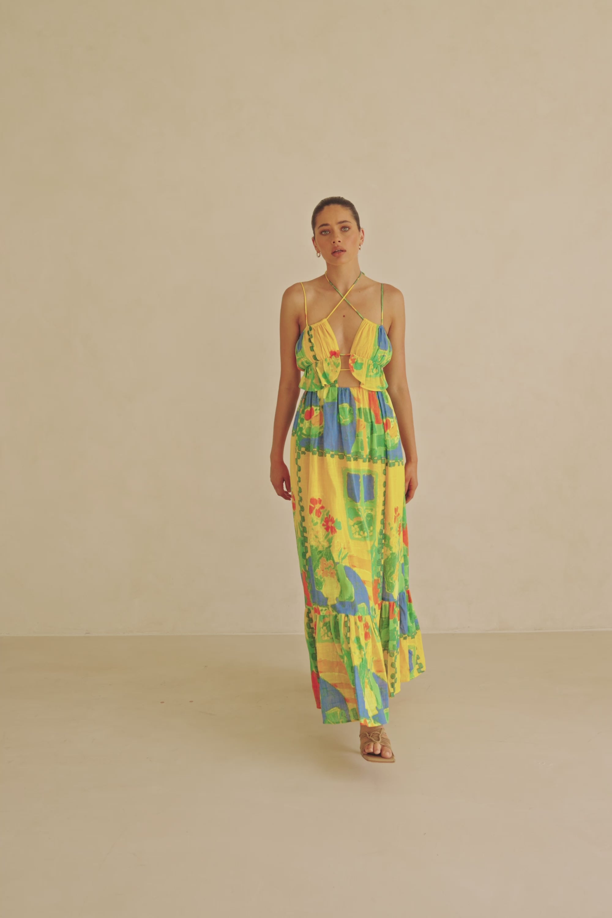 Leigh Cutout Maxi Dress - Green, Blue & Orange Morning Yellow Print