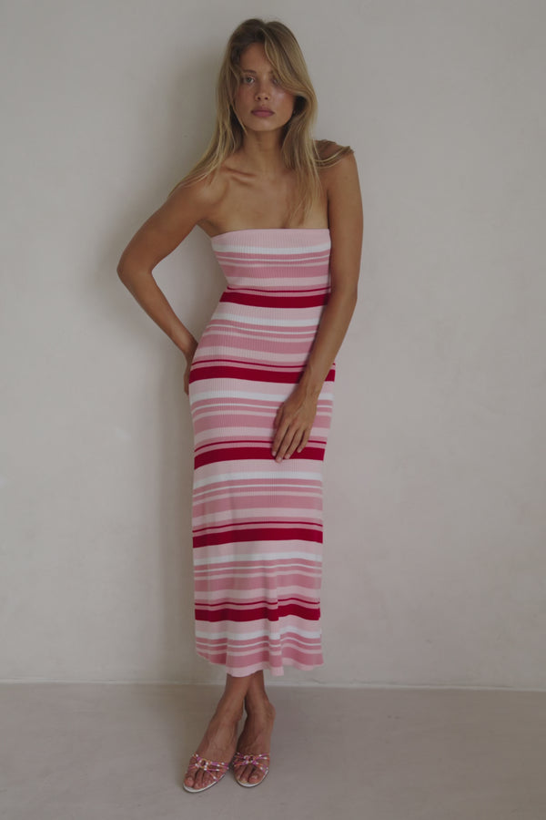 Prink Stripe Ribbed Strapless Maxi Anya Dress