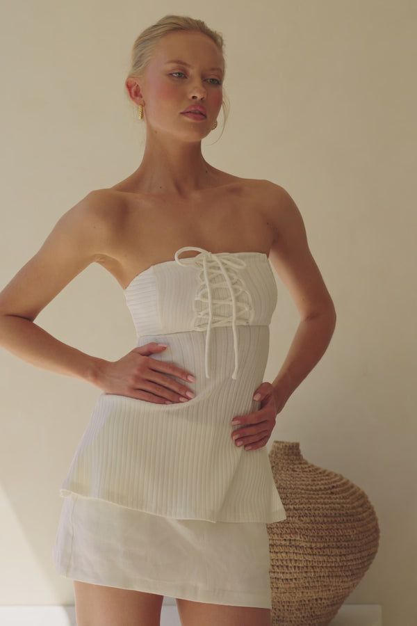 White Ribbed Strapless Flared Catania Top