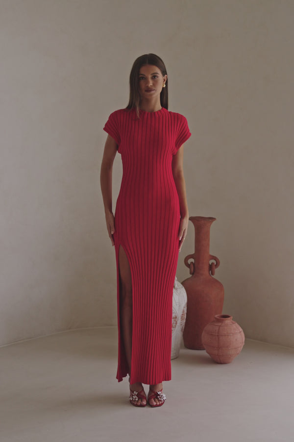 Red Rib Split Maxi Gemini Dress