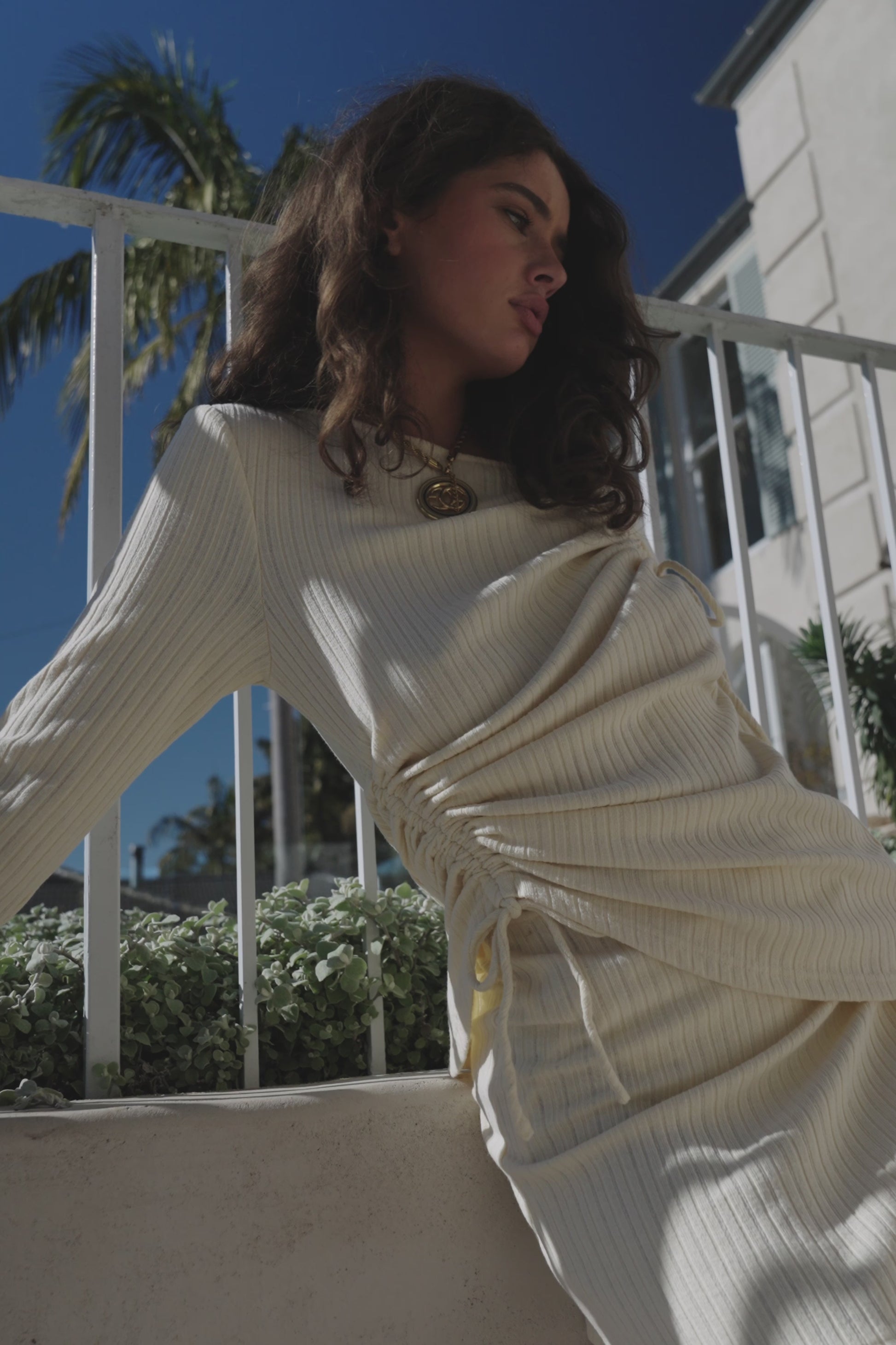 Cream Ribbed Long Sleeve Tie Ruched Eryn Top