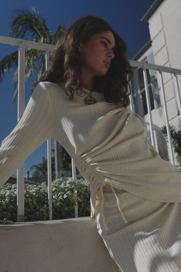 Cream Ribbed Long Sleeve Tie Ruched Eryn Top