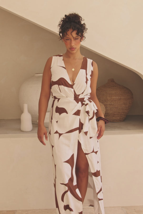 Madeira Split Wrap Maxi Dress - Brown, White Sunroom Chocolate Print