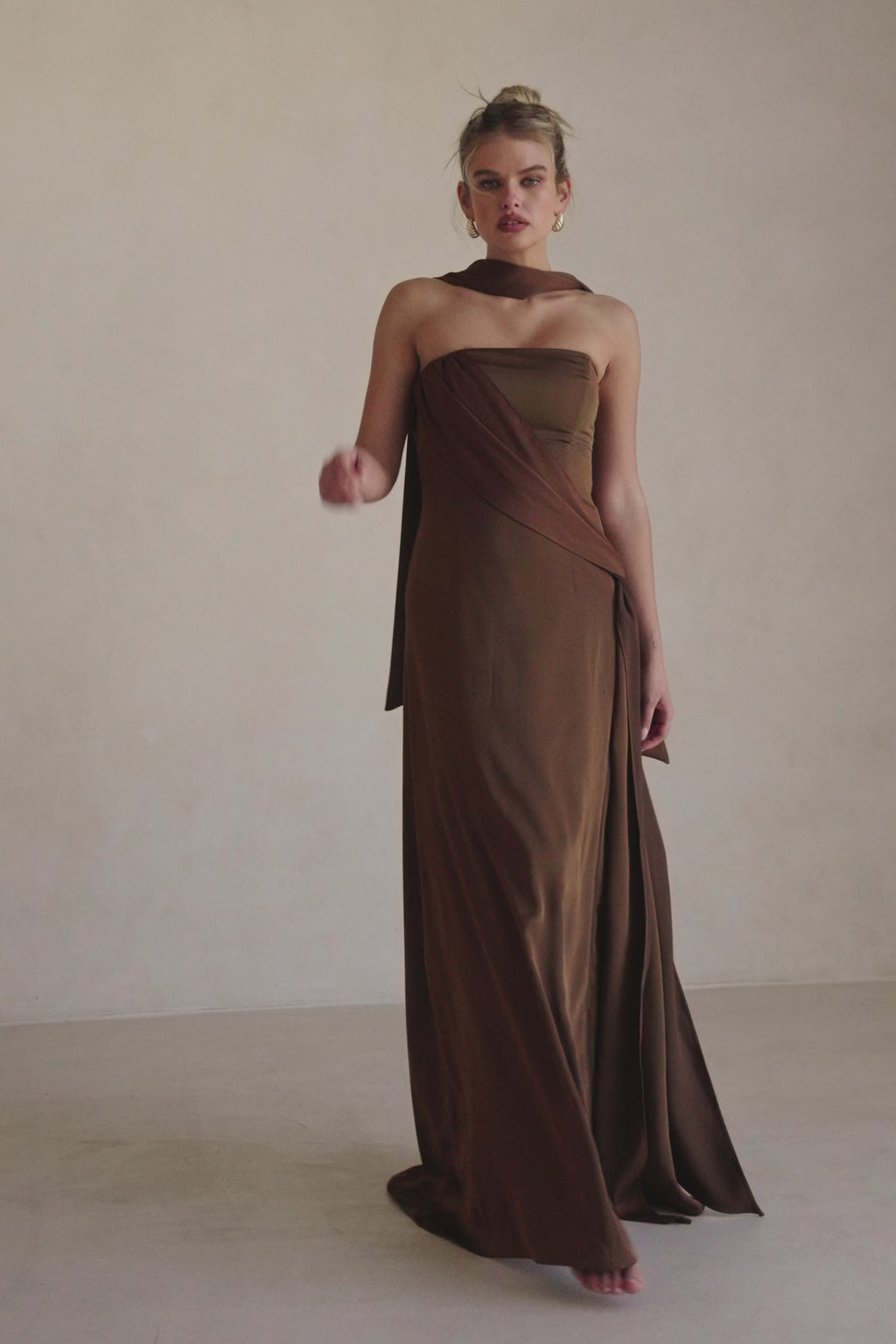 Chocolate Brown Silky Strapless Maxi Eclair Dress