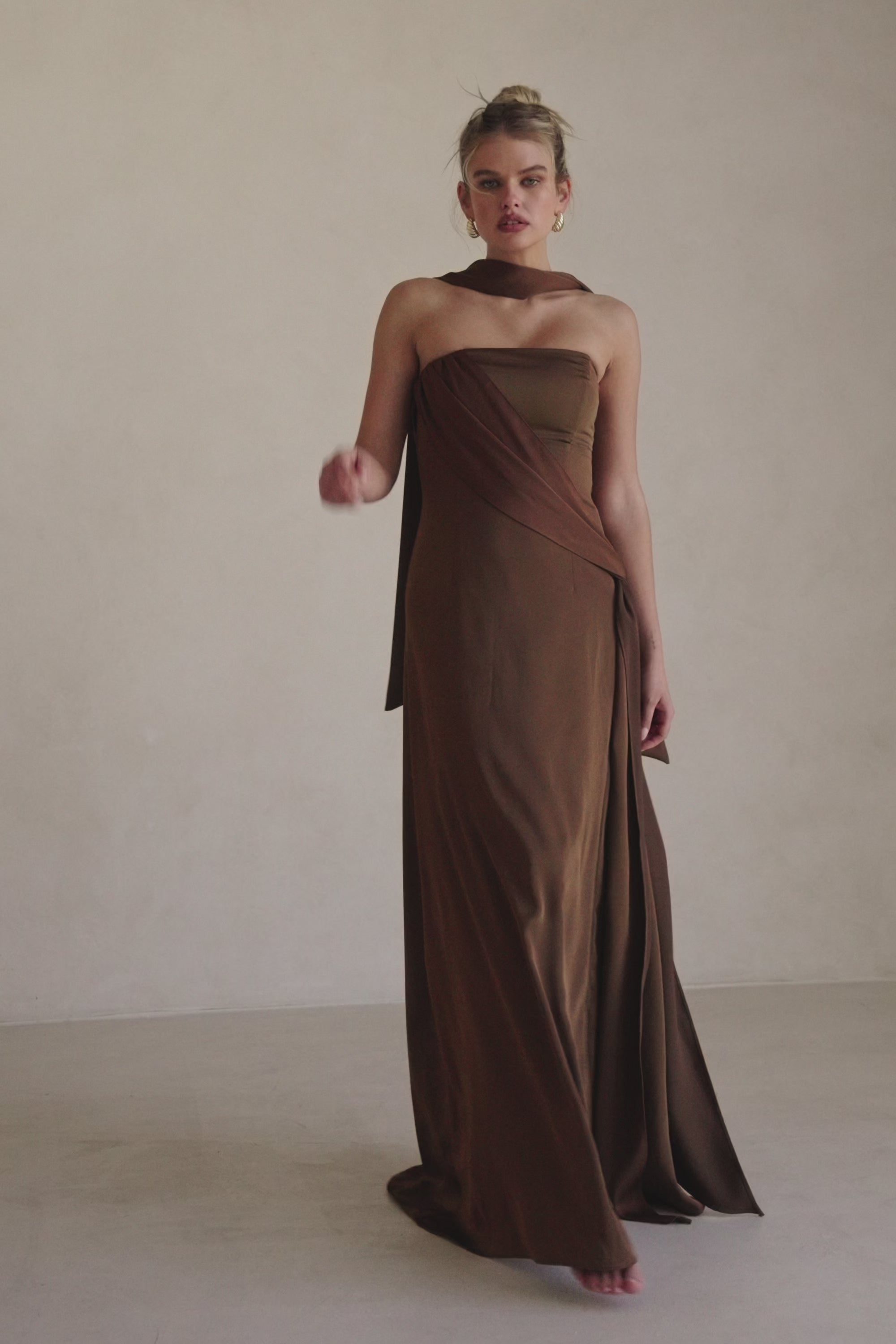 Chocolate Brown Silky Strapless Maxi Eclair Dress