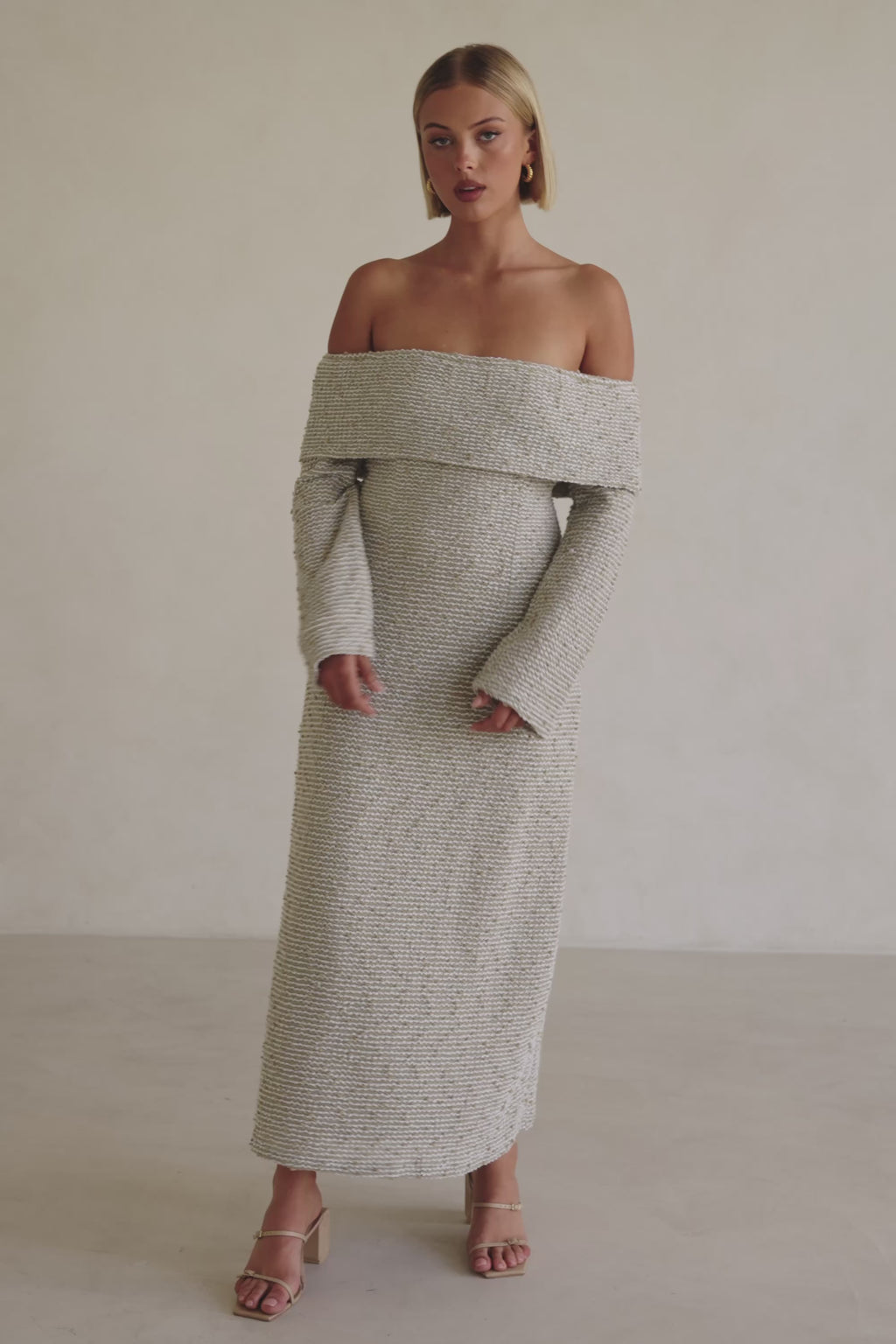 Tan Boucle Off Shoulder Maxi Poppy Dress