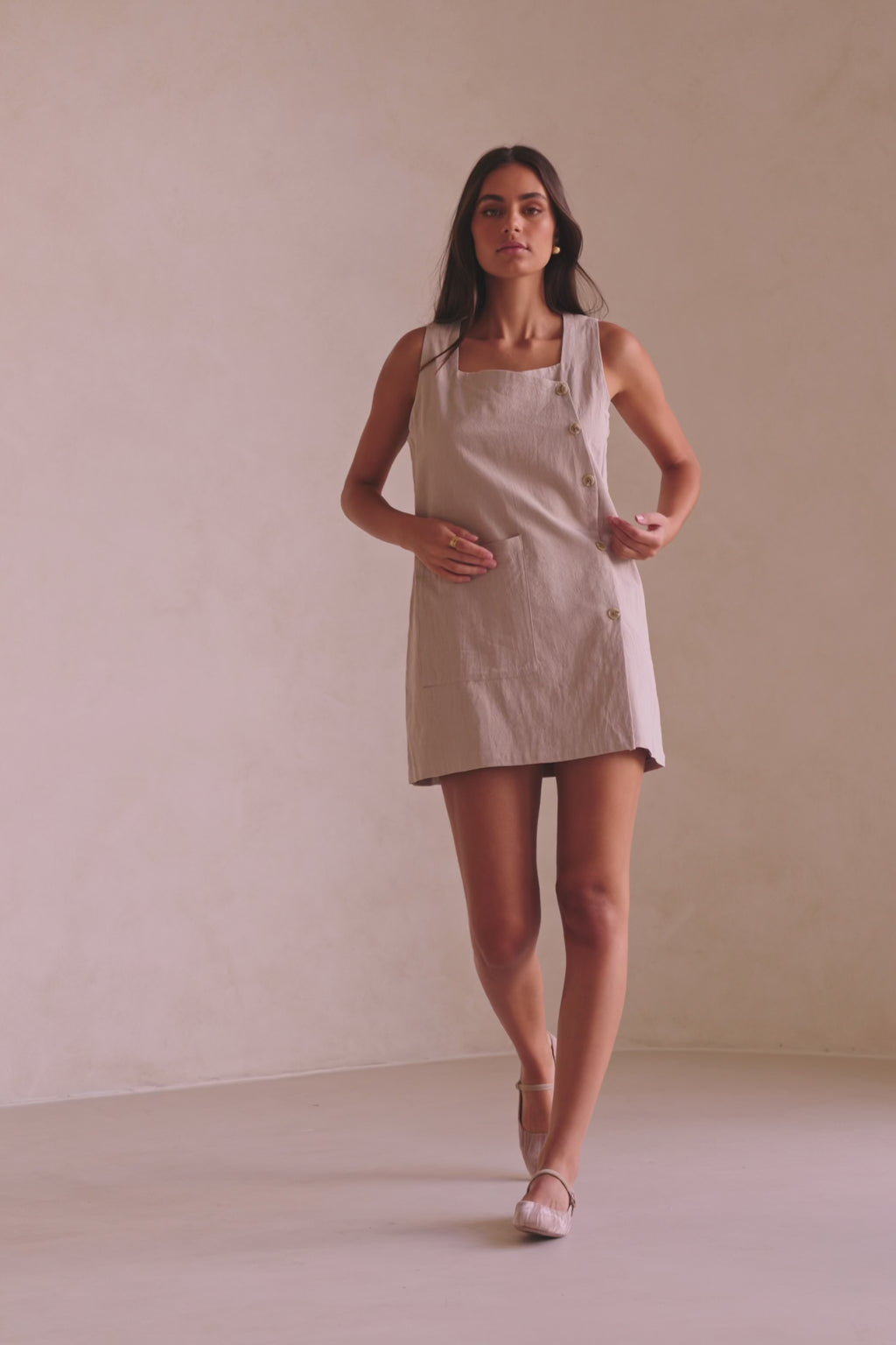 Beige Button Up Wide Strap Pocket Mini Aida Dress