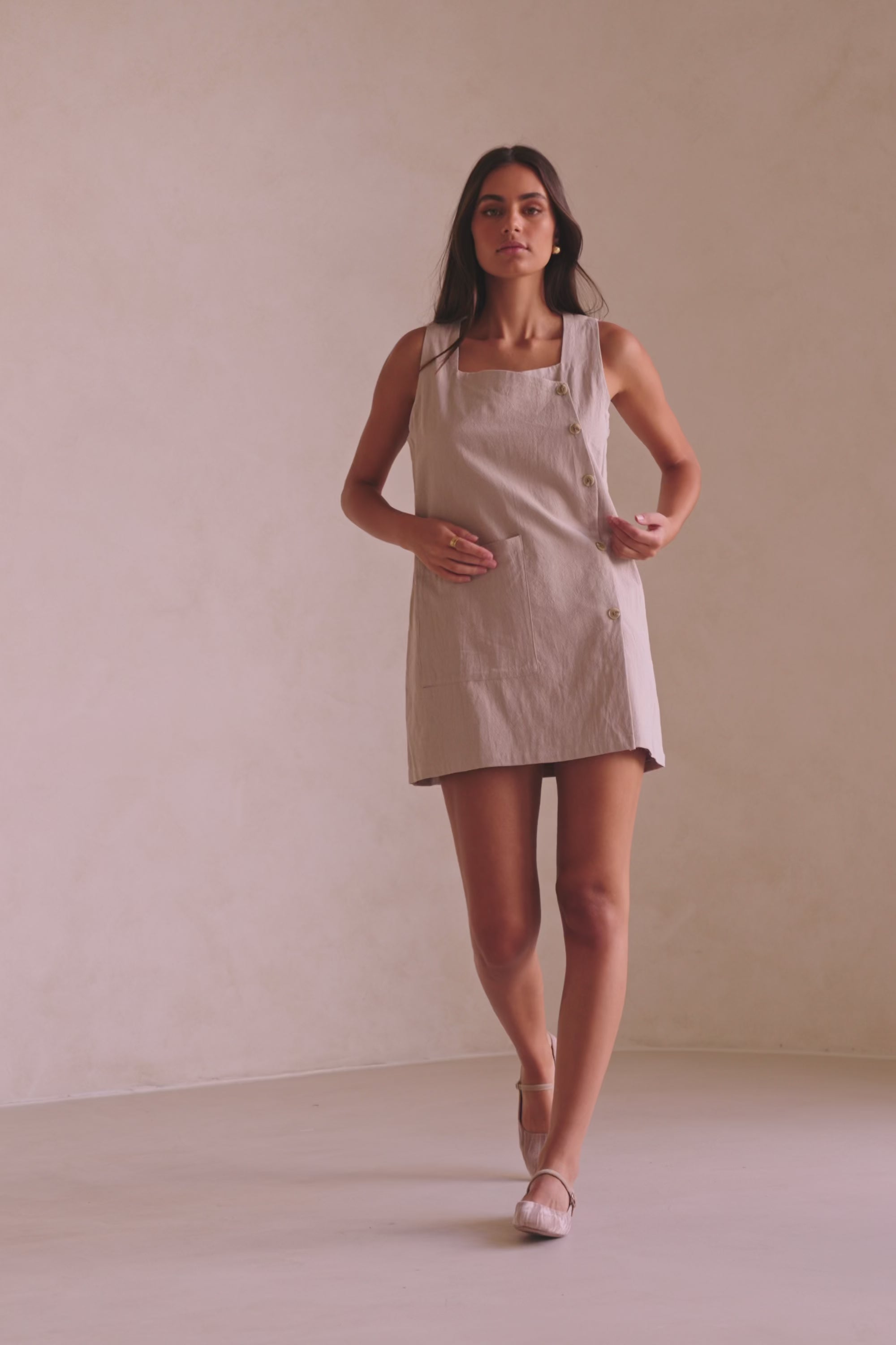 Beige Button Up Wide Strap Pocket Mini Aida Dress