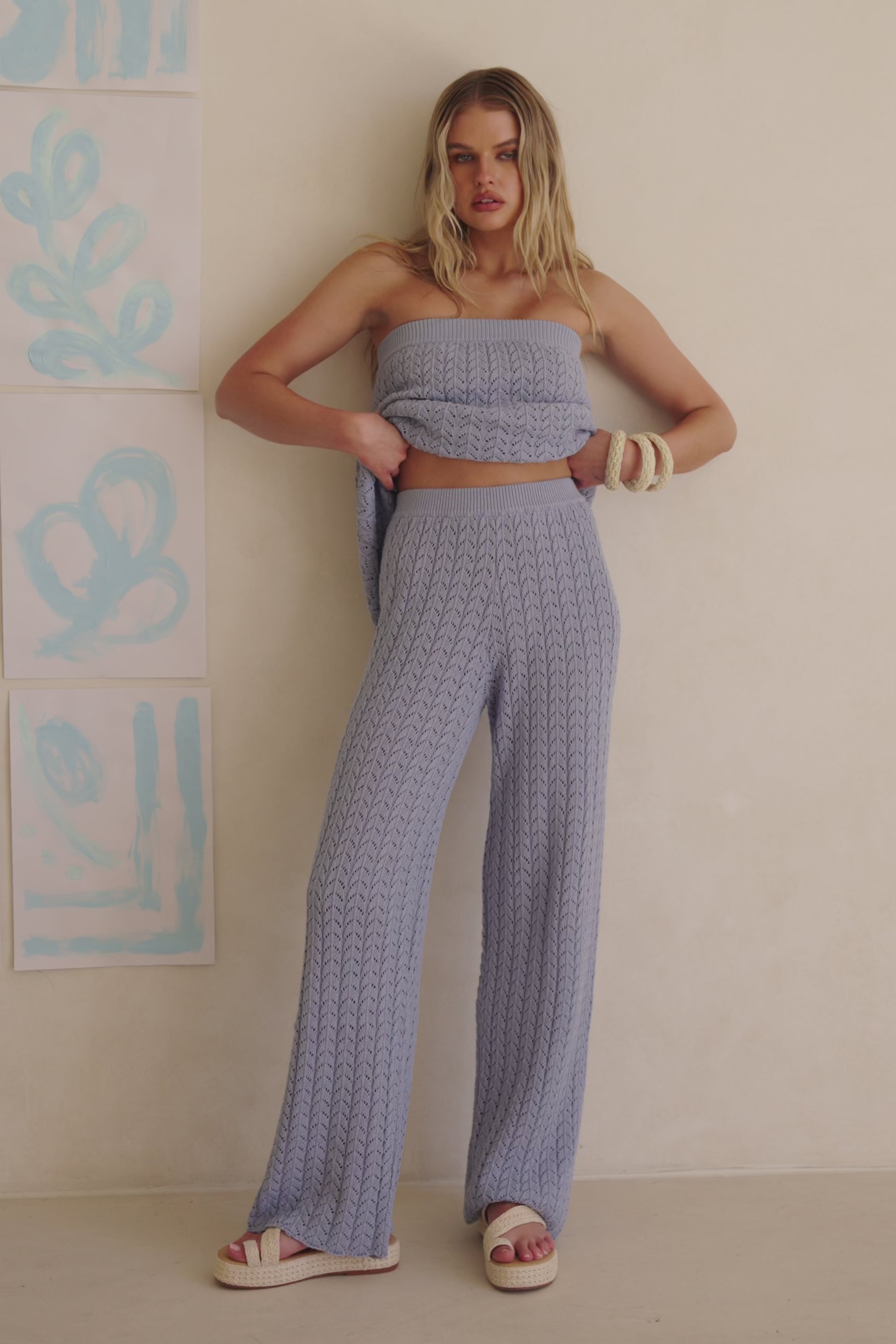 Blue Pointelle Knit High Waist Athena Pants