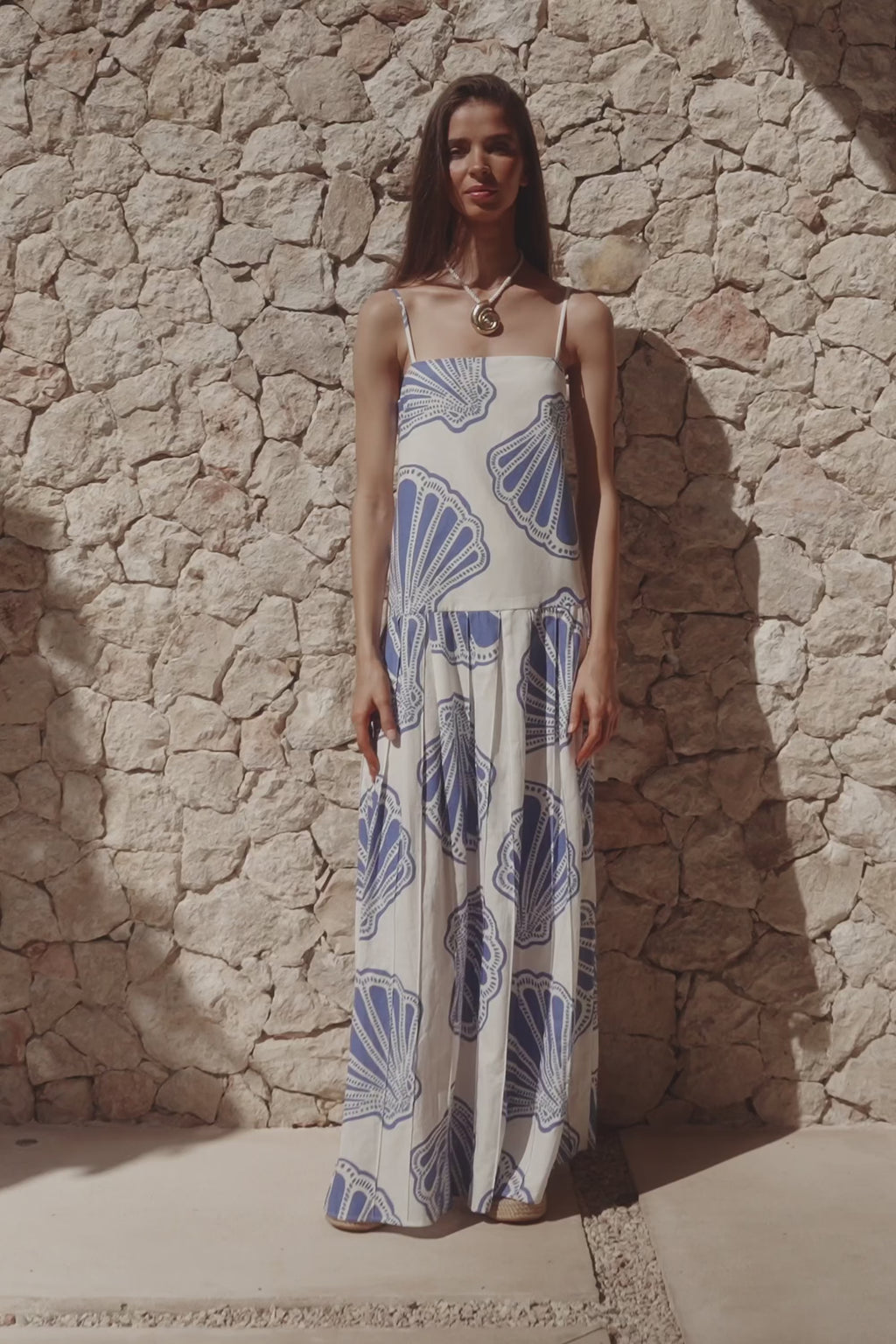 Bette Thin Strap Maxi Dress - Seashell Print, Blue, White