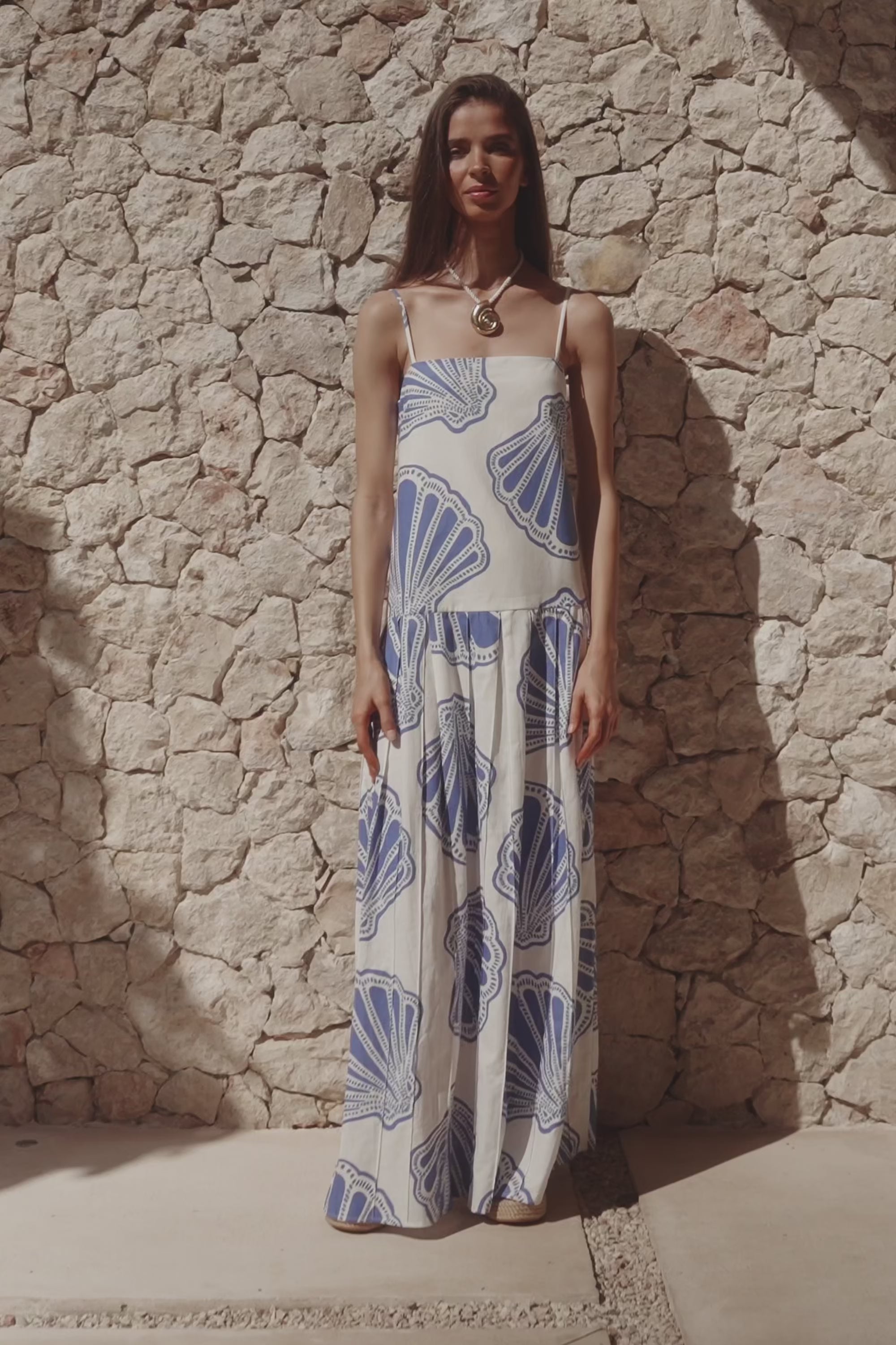 Bette Thin Strap Maxi Dress - Seashell Print, Blue, White