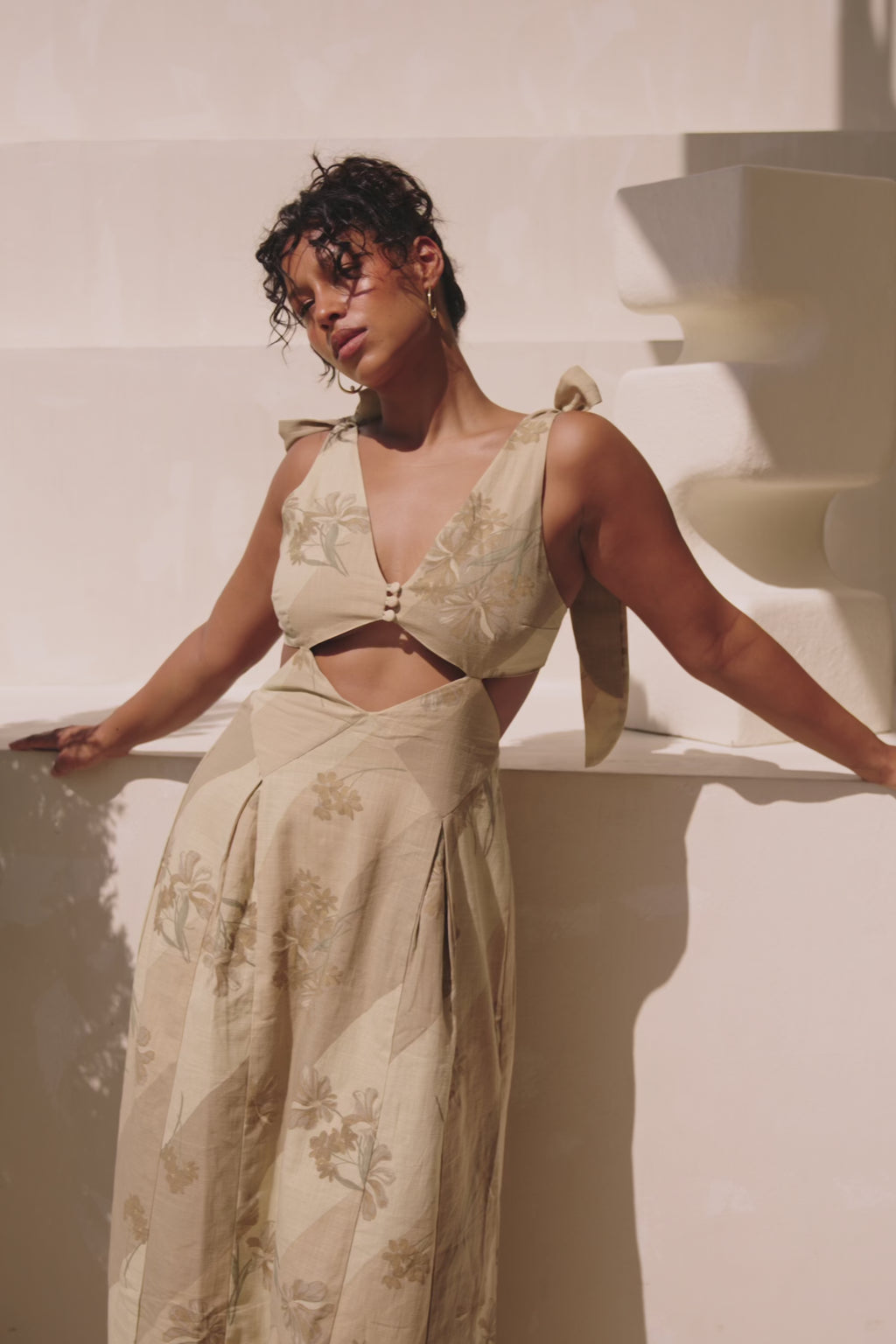 Maivie Tropical Cutout Tie Maxi Dress - Brown, Green Tawny Bloom Print