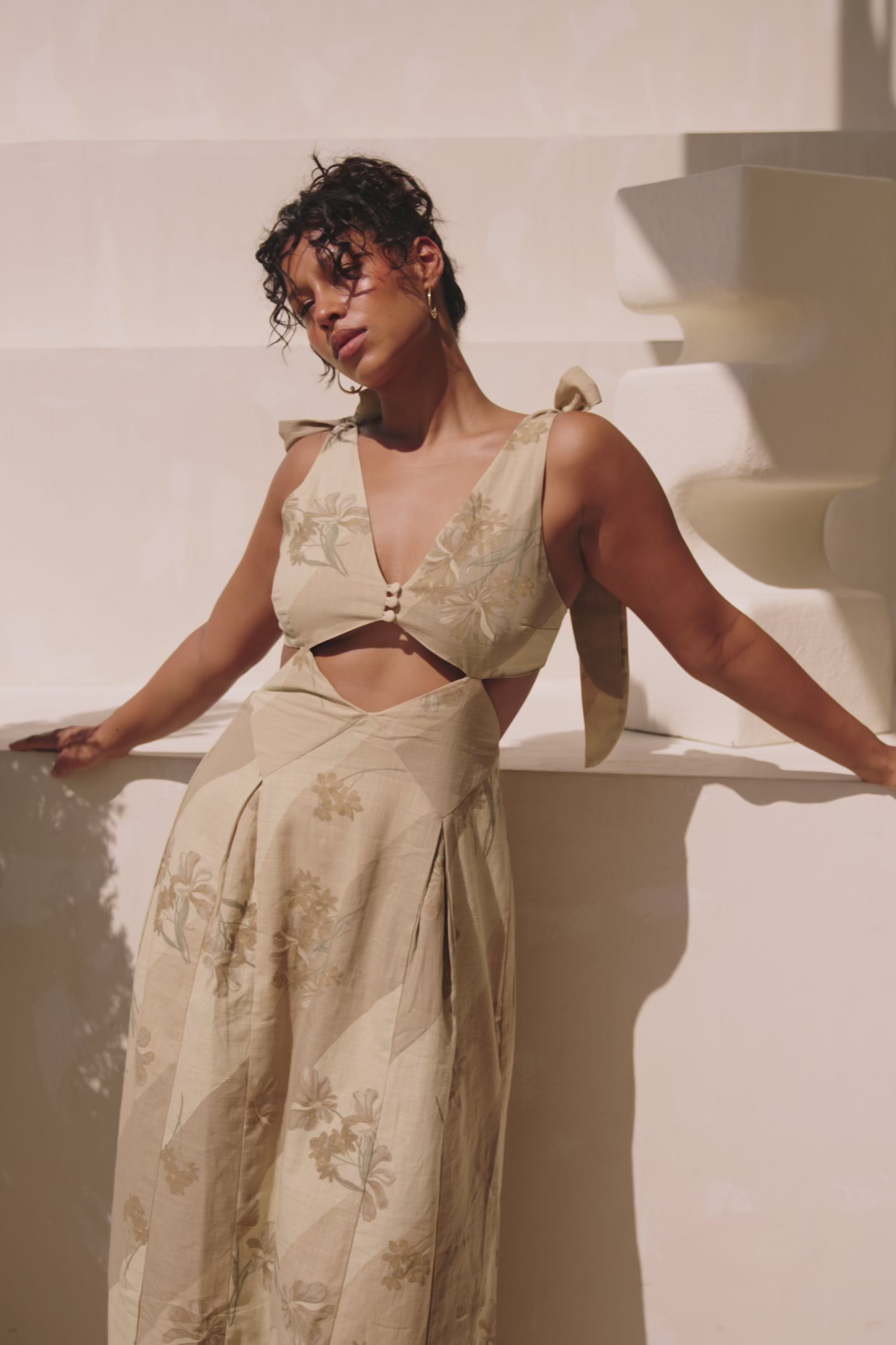 Maivie Tropical Cutout Tie Maxi Dress - Brown, Green Tawny Bloom Print