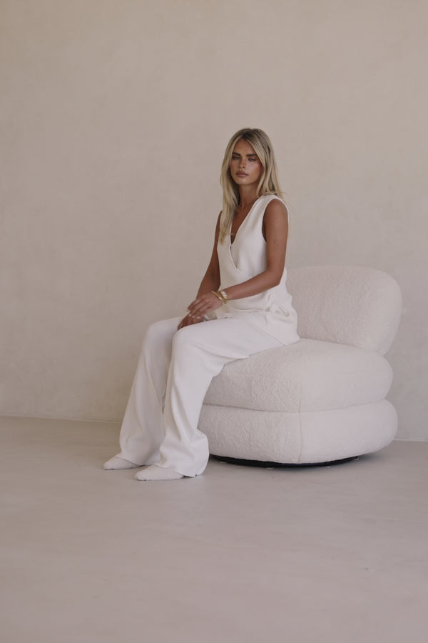 White Asymmetric V Neck Wrap Teah Top