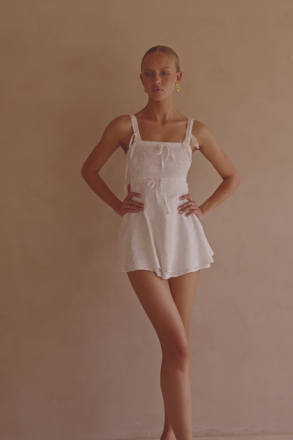 White Embroidered Wide Strap Aleta Playsuit