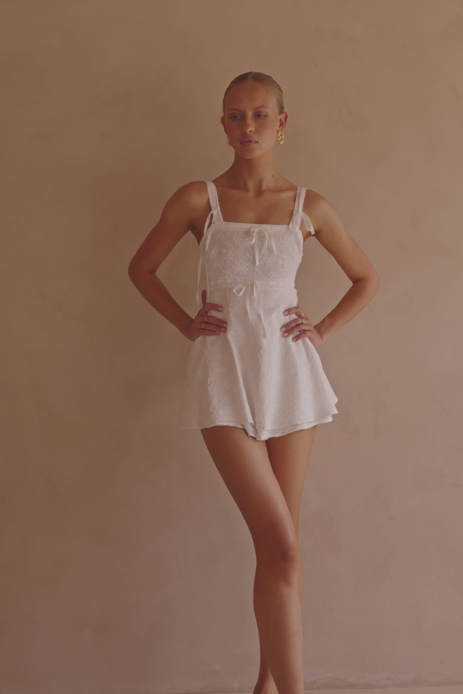 White Embroidered Wide Strap Aleta Playsuit